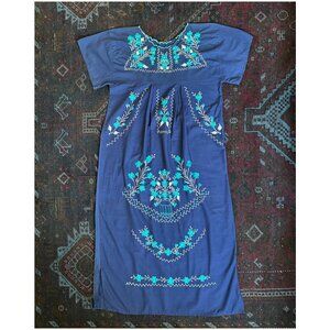 Vintage Embroidered Mexican Midi Dress | Size Small 4 6 | Blue | Oaxaca